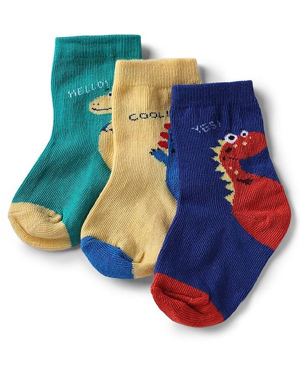 Cute Walk by Babyhug Non Terry Knit Anti-Bacterial Ankle Length Socks With Dino & Text Design Pack of 3 - Beige, Green & Navy Blue