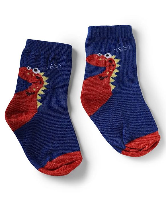 Cute Walk by Babyhug Non Terry Knit Anti-Bacterial Ankle Length Socks With Dino & Text Design Pack of 3 - Beige, Green & Navy Blue