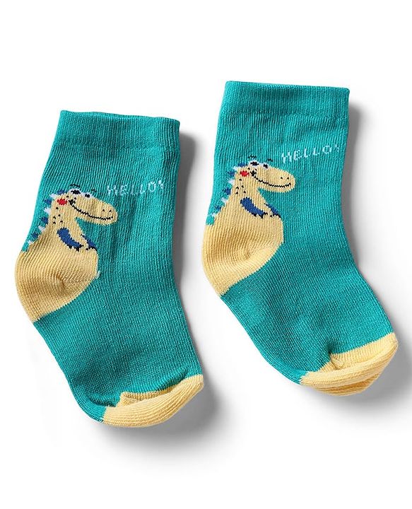 Cute Walk by Babyhug Non Terry Knit Anti-Bacterial Ankle Length Socks With Dino & Text Design Pack of 3 - Beige, Green & Navy Blue
