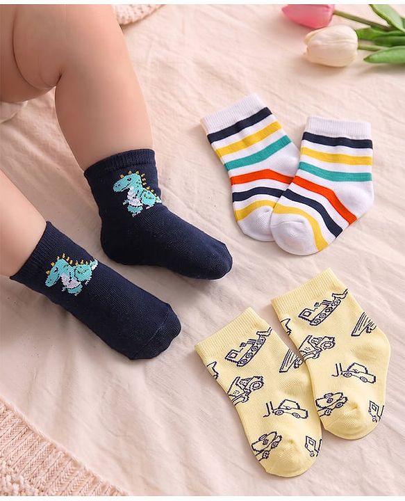Cute Walk by Babyhug Non Terry Knit Anti-Bacterial Ankle Length Striped Socks With Vehicle & Dino Design Pack of 3 - Beige, White & Black