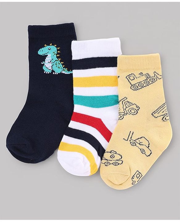 Cute Walk by Babyhug Non Terry Knit Anti-Bacterial Ankle Length Striped Socks With Vehicle & Dino Design Pack of 3 - Beige, White & Black