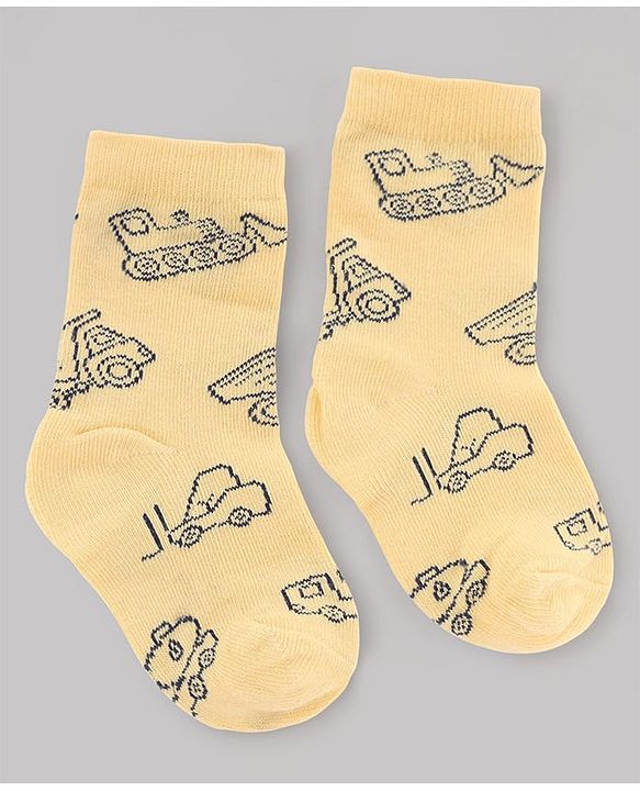 Cute Walk by Babyhug Non Terry Knit Anti-Bacterial Ankle Length Striped Socks With Vehicle & Dino Design Pack of 3 - Beige, White & Black