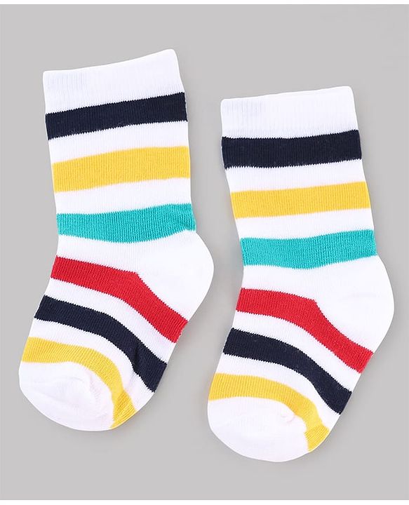 Cute Walk by Babyhug Non Terry Knit Anti-Bacterial Ankle Length Striped Socks With Vehicle & Dino Design Pack of 3 - Beige, White & Black