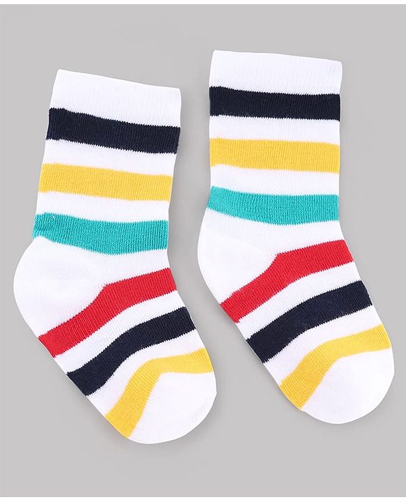 Cute Walk by Babyhug Non Terry Knit Anti-Bacterial Ankle Length Striped Socks With Vehicle & Dino Design Pack of 3 - Beige, White & Black