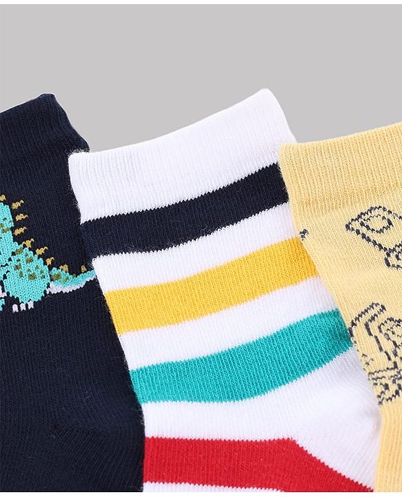 Cute Walk by Babyhug Non Terry Knit Anti-Bacterial Ankle Length Striped Socks With Vehicle & Dino Design Pack of 3 - Beige, White & Black