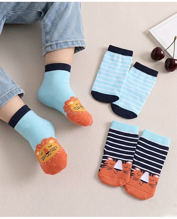 Cute Walk by Babyhug Knit Anti-Bacterial Ankle Length Striped Socks With Animal Design Pack of 3 - Black & Sky Blue