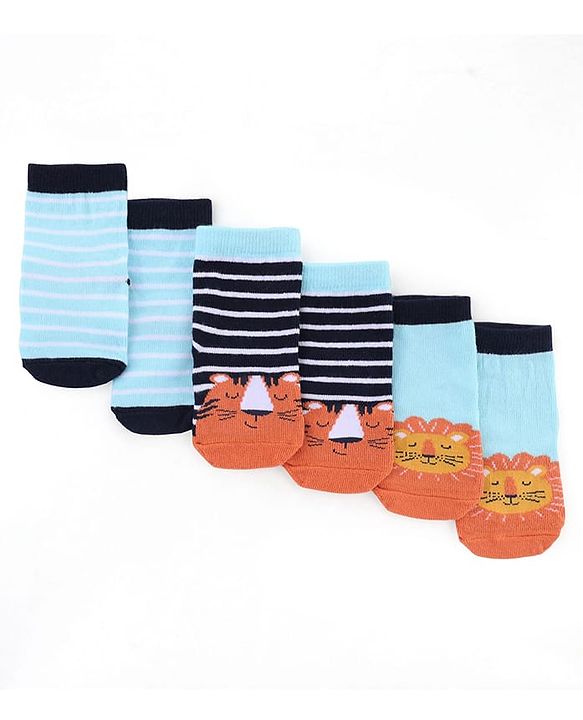 Cute Walk by Babyhug Knit Anti-Bacterial Ankle Length Striped Socks With Animal Design Pack of 3 - Black & Sky Blue