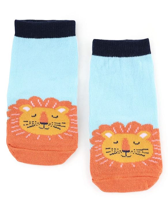 Cute Walk by Babyhug Knit Anti-Bacterial Ankle Length Striped Socks With Animal Design Pack of 3 - Black & Sky Blue