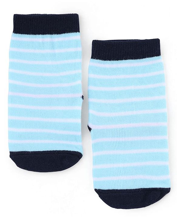 Cute Walk by Babyhug Knit Anti-Bacterial Ankle Length Striped Socks With Animal Design Pack of 3 - Black & Sky Blue