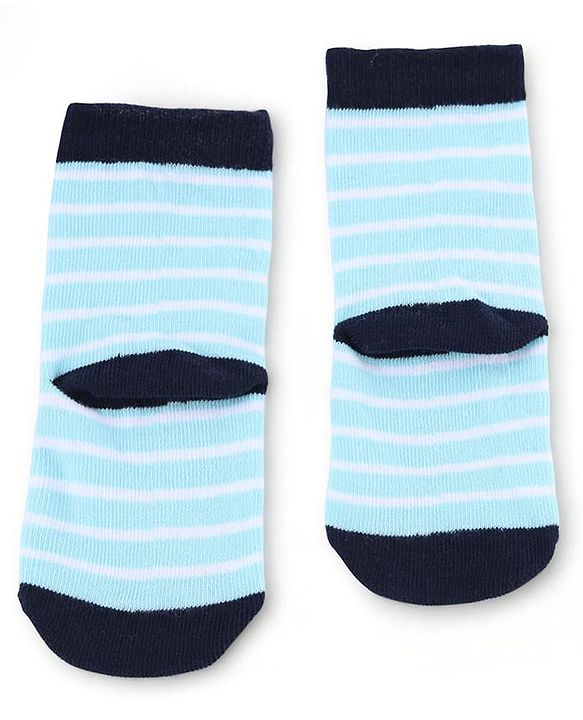 Cute Walk by Babyhug Knit Anti-Bacterial Ankle Length Striped Socks With Animal Design Pack of 3 - Black & Sky Blue