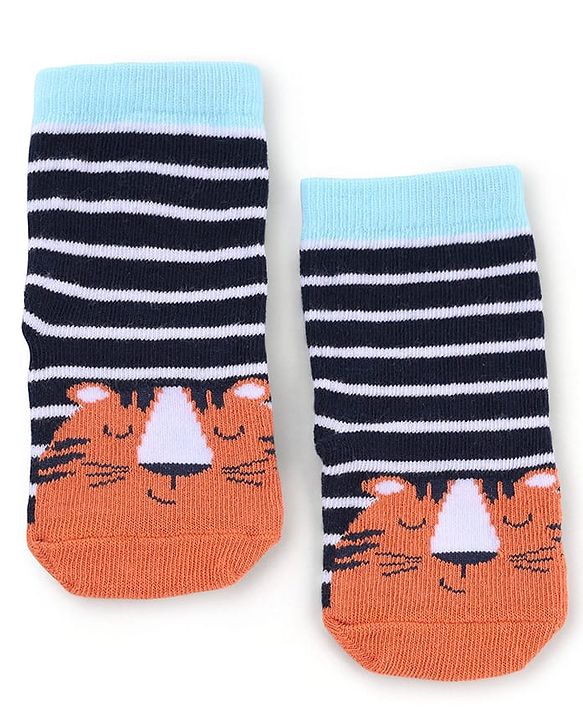 Cute Walk by Babyhug Knit Anti-Bacterial Ankle Length Striped Socks With Animal Design Pack of 3 - Black & Sky Blue
