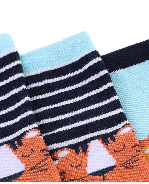 Cute Walk by Babyhug Knit Anti-Bacterial Ankle Length Striped Socks With Animal Design Pack of 3 - Black & Sky Blue