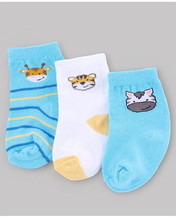 Cute Walk by Babyhug Non Terry Knit  Anti-Bacterial Ankle Length Striped Socks With Animal Design Pack of 3 - White & Sky Blue
