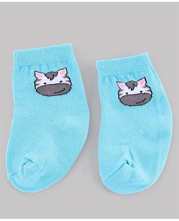 Cute Walk by Babyhug Non Terry Knit  Anti-Bacterial Ankle Length Striped Socks With Animal Design Pack of 3 - White & Sky Blue