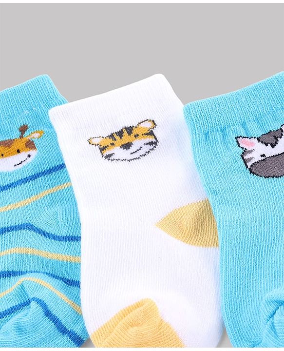Cute Walk by Babyhug Non Terry Knit  Anti-Bacterial Ankle Length Striped Socks With Animal Design Pack of 3 - White & Sky Blue