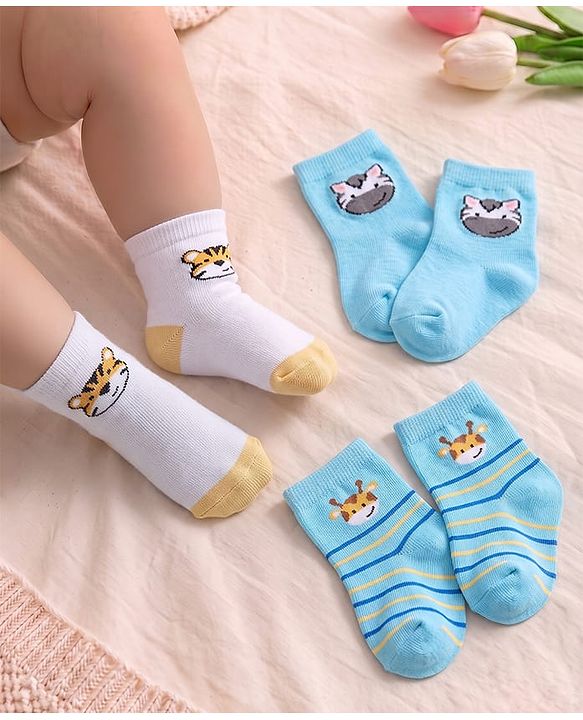 Cute Walk by Babyhug Non Terry Knit  Anti-Bacterial Ankle Length Striped Socks With Animal Design Pack of 3 - White & Sky Blue
