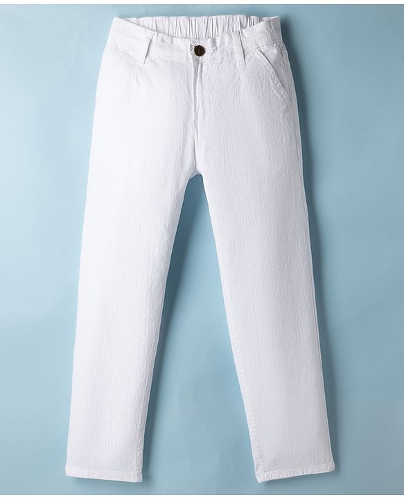 Pine Kids Denim Woven Full Length Solid Color Trousers - White