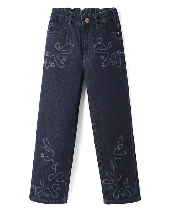 Pine Kids Denim Woven Full Length Jeans with Swirls and Suns Print - Blue