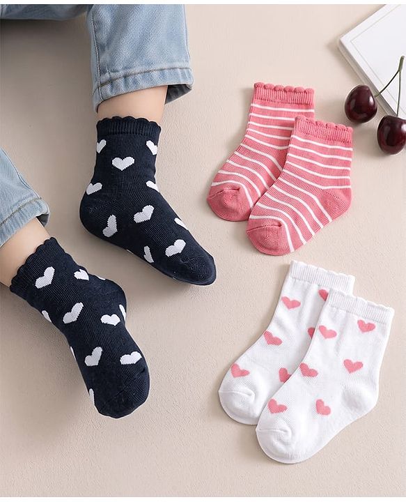 Cute Walk by Babyhug Non Terry Knit Anti-bacterial Ankle Length Striped Sock With Heart Design Pack of 3 - Pink White & Black