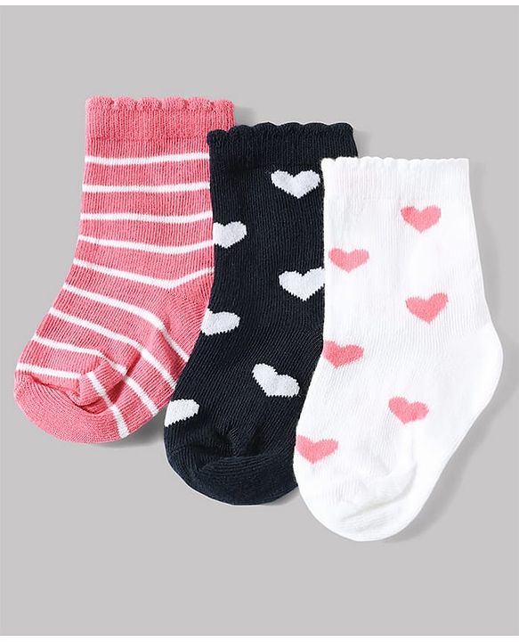 Cute Walk by Babyhug Non Terry Knit Anti-bacterial Ankle Length Striped Sock With Heart Design Pack of 3 - Pink White & Black