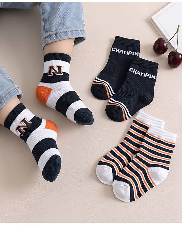 Cute Walk by Babyhug Anti-Bacterial Ankle Length Striped Socks With Text Design Pack of 3 - White & Black