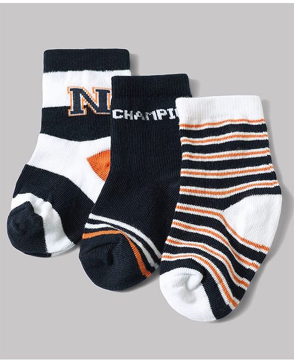 Cute Walk by Babyhug Anti-Bacterial Ankle Length Striped Socks With Text Design Pack of 3 - White & Black