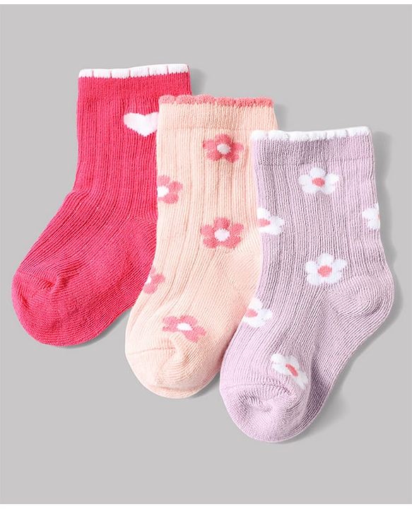 Cute Walk by Babyhug Non Terry Knit Anti-bacterial Ankle Length Sock With Floral & Heart Design Pack of 3 - Pink Peach & Lilac