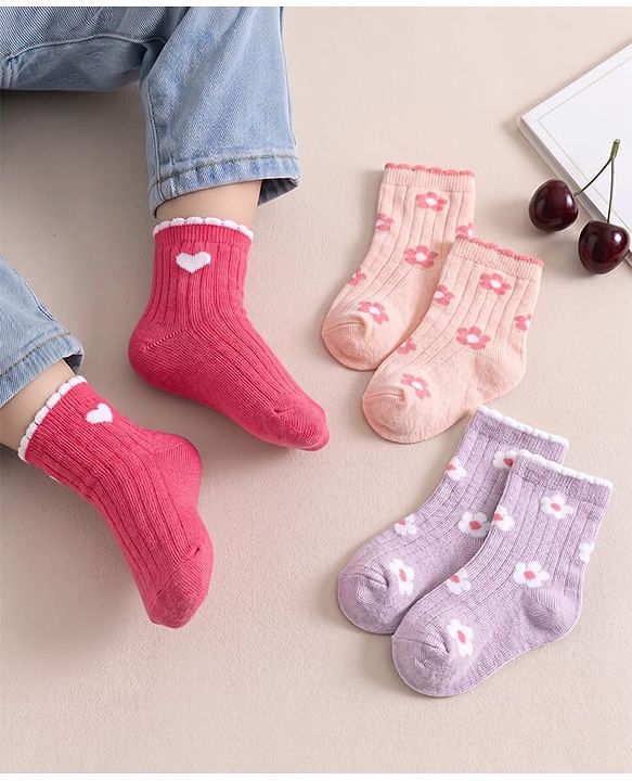 Cute Walk by Babyhug Non Terry Knit Anti-bacterial Ankle Length Sock With Floral & Heart Design Pack of 3 - Pink Peach & Lilac