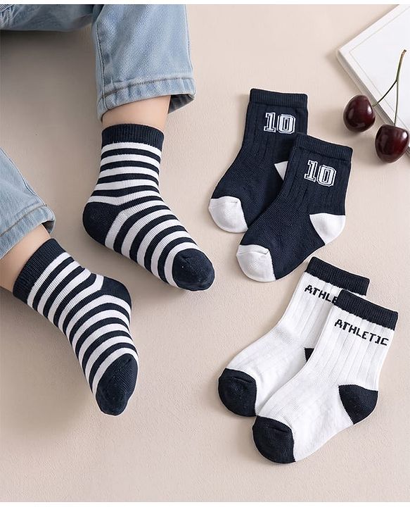 Cute Walk by Babyhug Non Terry Knit Anti-bacterial Ankle Length Striped Sock With Text Design Pack of 3 - White & Black