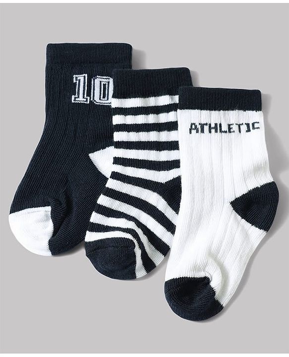 Cute Walk by Babyhug Non Terry Knit Anti-bacterial Ankle Length Striped Sock With Text Design Pack of 3 - White & Black