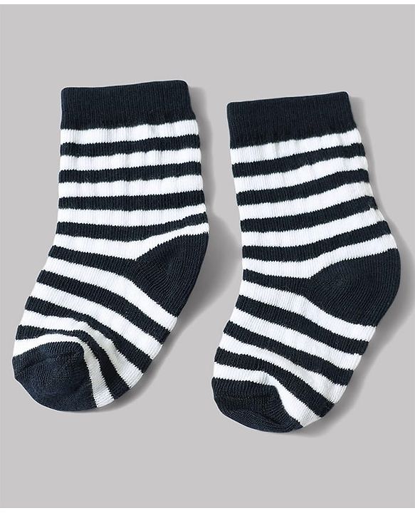 Cute Walk by Babyhug Non Terry Knit Anti-bacterial Ankle Length Striped Sock With Text Design Pack of 3 - White & Black