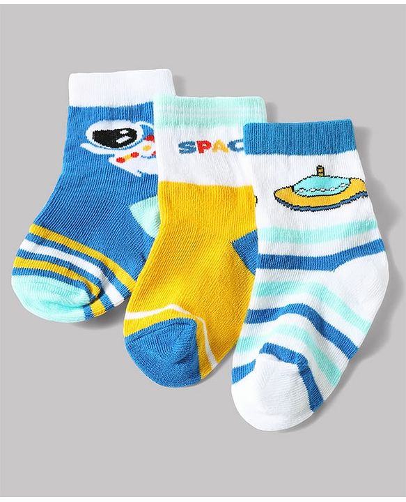 Cute Walk by Babyhug Anti-Bacterial Ankle Length Striped Sock With Space Design Pack of 3 - White & Blue