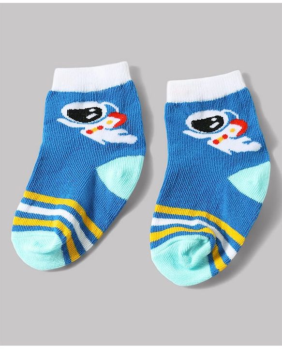 Cute Walk by Babyhug Anti-Bacterial Ankle Length Striped Sock With Space Design Pack of 3 - White & Blue