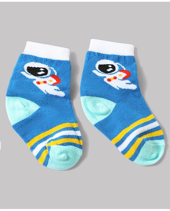 Cute Walk by Babyhug Anti-Bacterial Ankle Length Striped Sock With Space Design Pack of 3 - White & Blue
