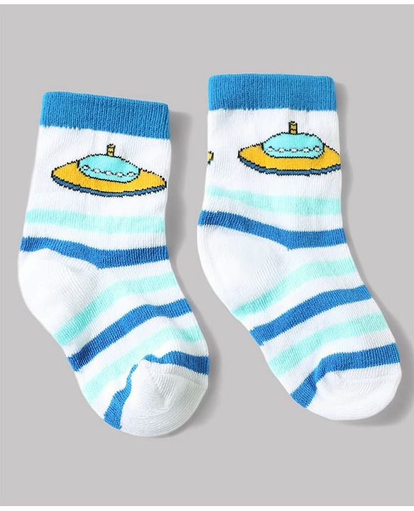 Cute Walk by Babyhug Anti-Bacterial Ankle Length Striped Sock With Space Design Pack of 3 - White & Blue
