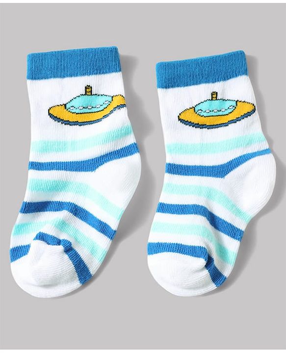Cute Walk by Babyhug Anti-Bacterial Ankle Length Striped Sock With Space Design Pack of 3 - White & Blue