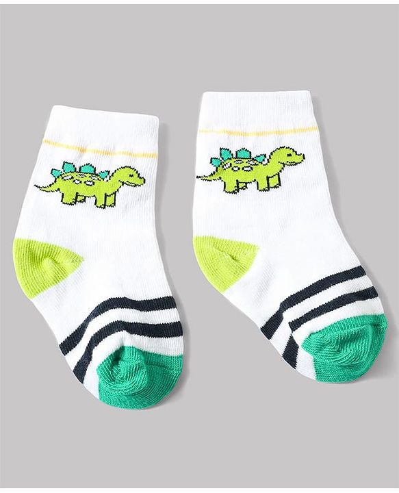 Cute Walk by Babyhug Anti-Bacterial Ankle Length Striped Sock With Dino & Text Design Pack of 3 - White