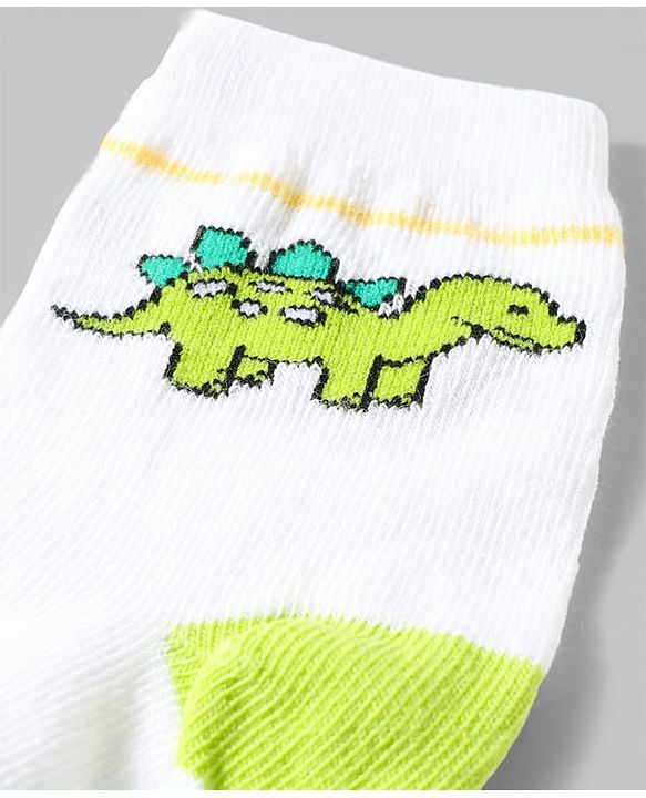 Cute Walk by Babyhug Anti-Bacterial Ankle Length Striped Sock With Dino & Text Design Pack of 3 - White