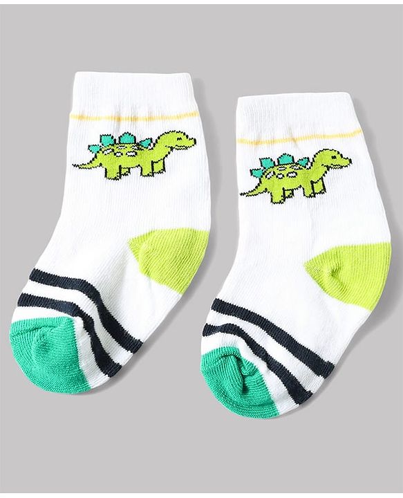 Cute Walk by Babyhug Anti-Bacterial Ankle Length Striped Sock With Dino & Text Design Pack of 3 - White