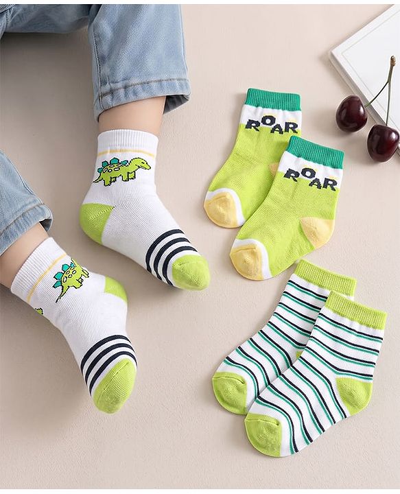 Cute Walk by Babyhug Anti-Bacterial Ankle Length Striped Sock With Dino & Text Design Pack of 3 - White