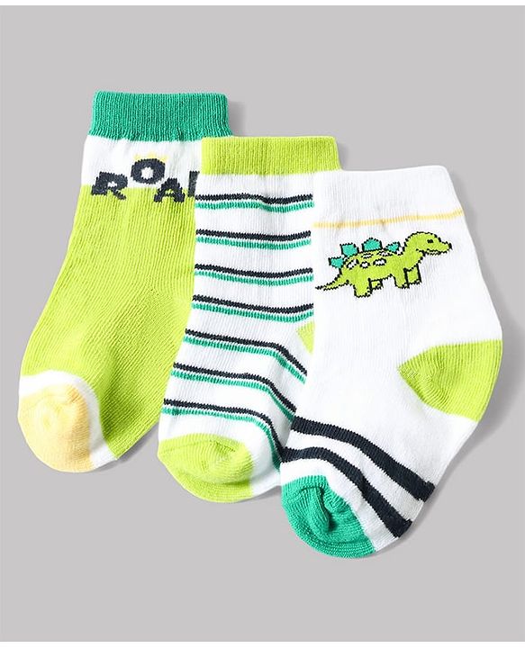Cute Walk by Babyhug Anti-Bacterial Ankle Length Striped Sock With Dino & Text Design Pack of 3 - White