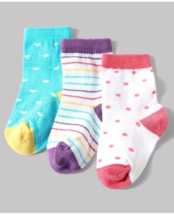 Cute Walk by Babyhug Anti-Bacterial Ankle Length Striped Sock With Heart & Polka Dot Design Pack of 3 - White