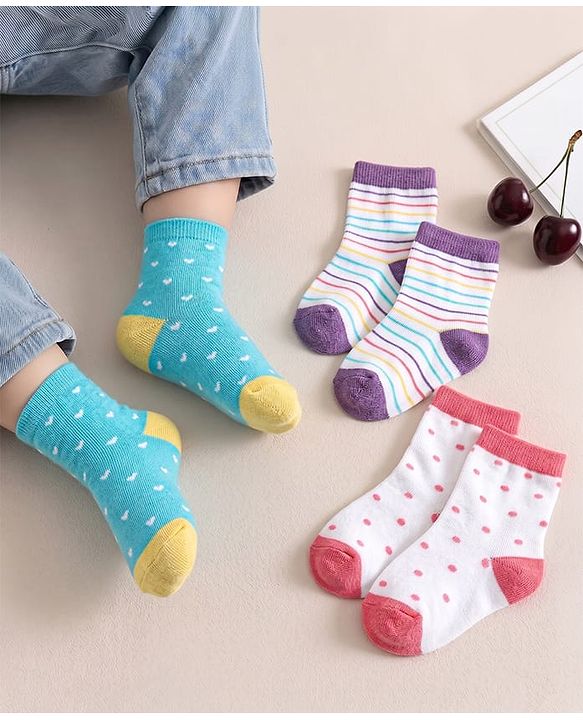 Cute Walk by Babyhug Anti-Bacterial Ankle Length Striped Sock With Heart & Polka Dot Design Pack of 3 - White