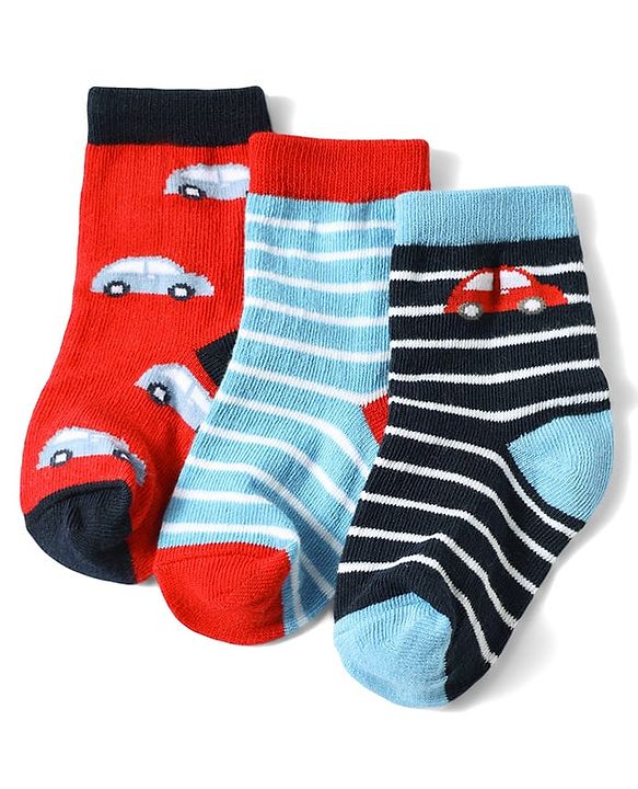 Cute Walk by Babyhug Anti-Bacterial Ankle Length Striped Sock With Vehicle Design Pack of 3 - Red Black & Blue