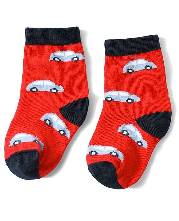 Cute Walk by Babyhug Anti-Bacterial Ankle Length Striped Sock With Vehicle Design Pack of 3 - Red Black & Blue