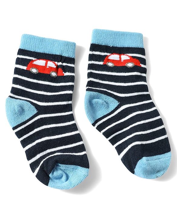 Cute Walk by Babyhug Anti-Bacterial Ankle Length Striped Sock With Vehicle Design Pack of 3 - Red Black & Blue