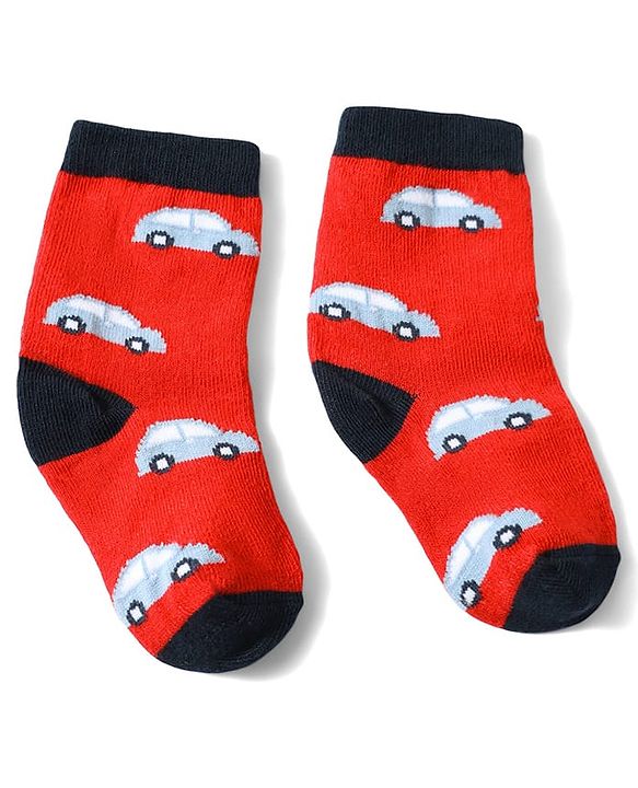 Cute Walk by Babyhug Anti-Bacterial Ankle Length Striped Sock With Vehicle Design Pack of 3 - Red Black & Blue
