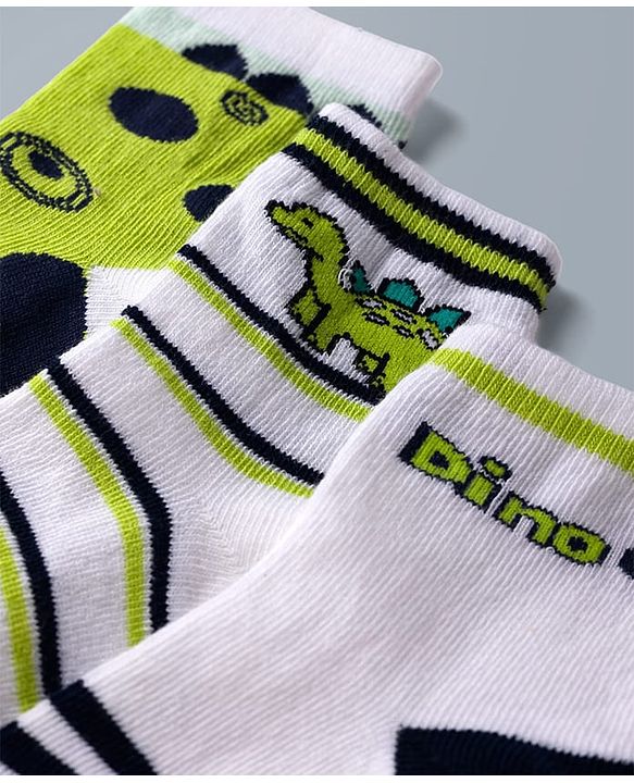 Cute Walk by Babyhug Knit Ankle Length Antibacterial Socks with Stripes & Dino Design Pack of 3 - White