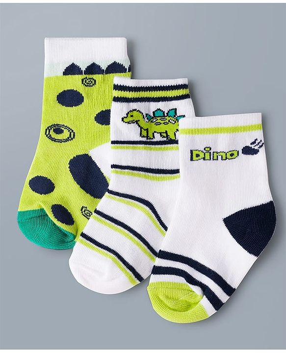 Cute Walk by Babyhug Knit Ankle Length Antibacterial Socks with Stripes & Dino Design Pack of 3 - White