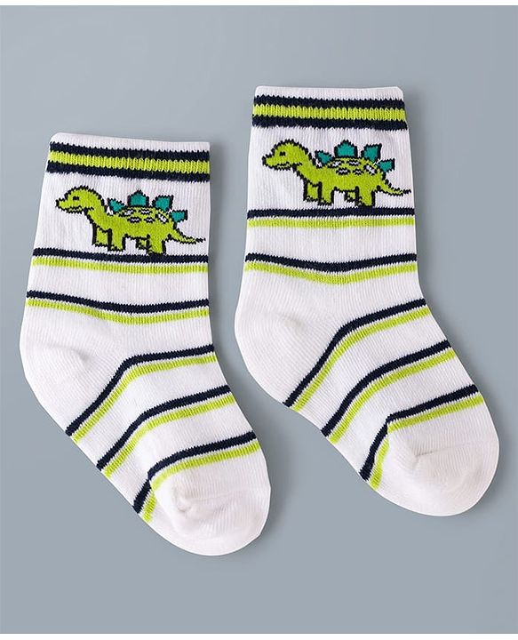 Cute Walk by Babyhug Knit Ankle Length Antibacterial Socks with Stripes & Dino Design Pack of 3 - White